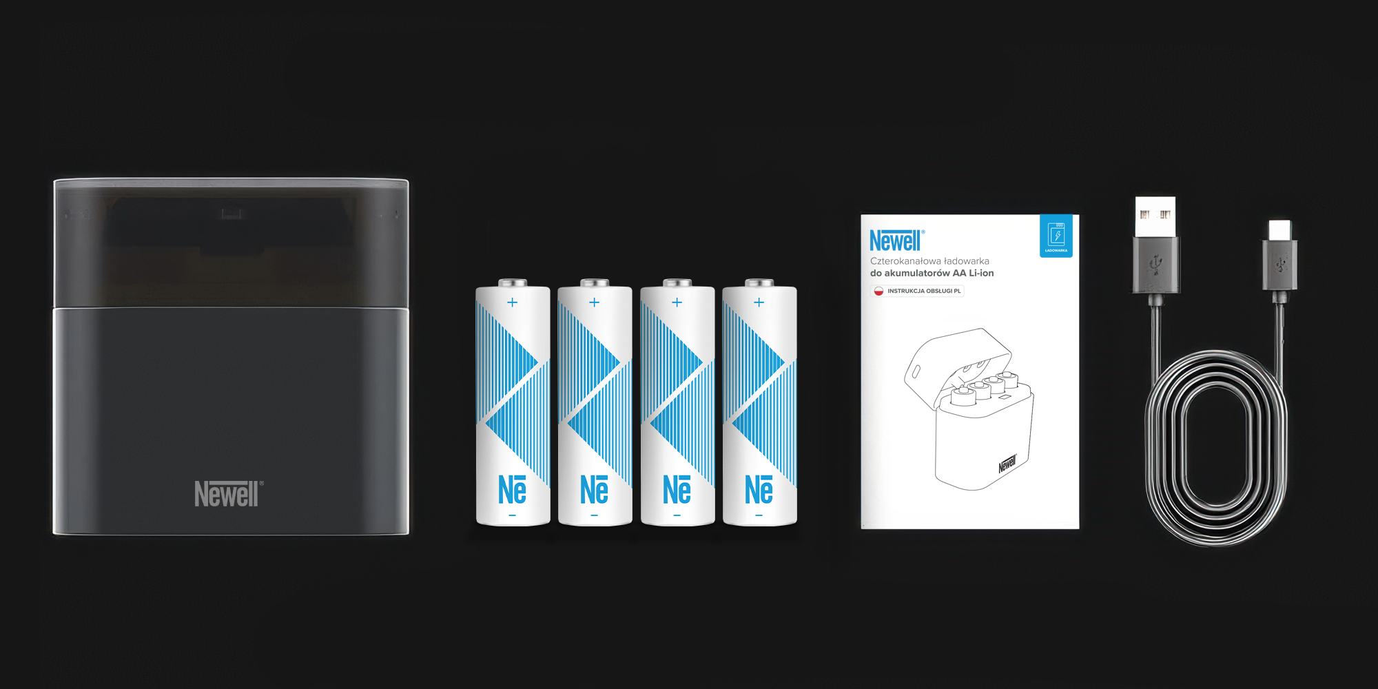 Ładowarka 4-kanałowa Newell do akumulatorów Li-ion + 4 akumulatory Li-ion AA 2200 mAh